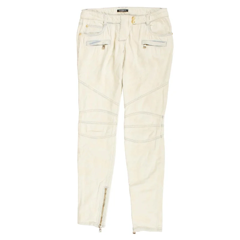 Slim-fit skinny jeans pants tight -BALMAIN PARIS Light Blue Bleached Moto Jeans Pants