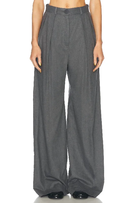 Rugged dress pants durable -Button Pleated Trouser In Charcoal Flannel