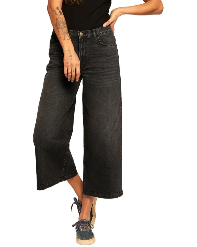 High-waisted skinny jeans pants trendy -Current/Elliott The Dusty Black Out Crop Wide Leg Jean