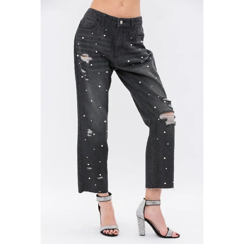 Low-rise skinny jeans pants casual -Pearl Embellished Ripped Denim Jeans In Black