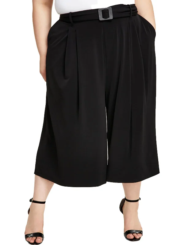 Reflective chino pants safe -Plus Womens Pleated Cropped Wide Leg Pants