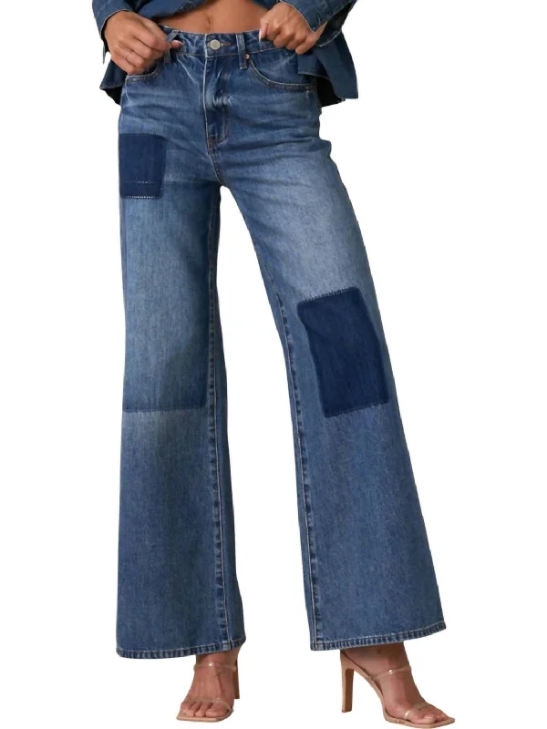 Pleated skinny jeans pants sharp -Relaxed Wide Leg Patchwork Jeans In Blue