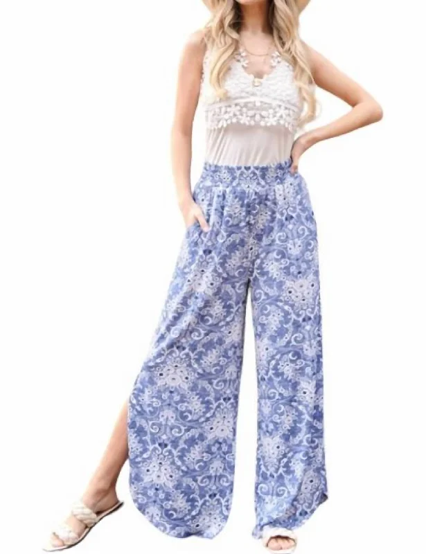 Pleated pants classic design -Smocked Floral Side Slit Pants In Blue