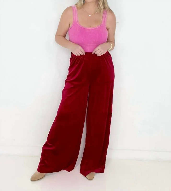 Mesh-lined chino pants airy -Velvet Wide Leg Pants In Red