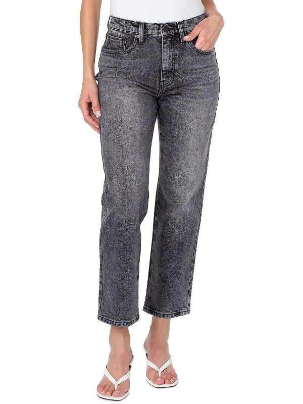 Biker pants tough design -Womens Faded Denim Straight-Leg Ankle Jeans