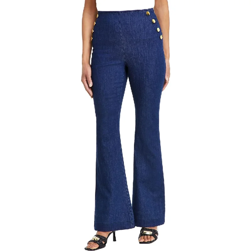 Twill dress pants durable -Womens High Rise Button Trim High-Waisted Jeans