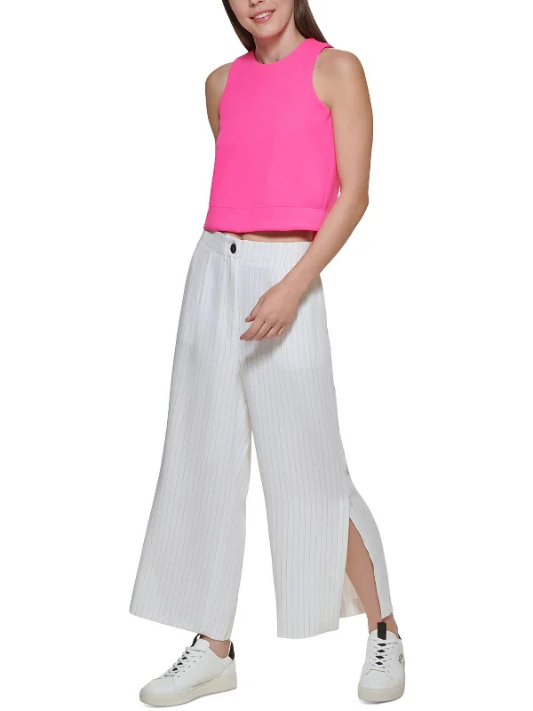 Pleated chino pants elegant -Womens High Waist Crop Wide Leg Pants