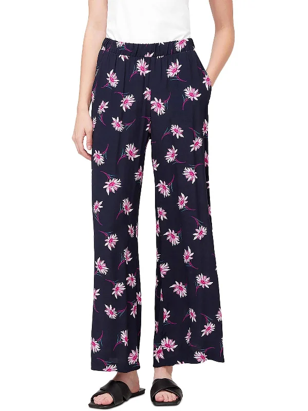 White pants chic look -Womens High Waist Floral Wide Leg Pants